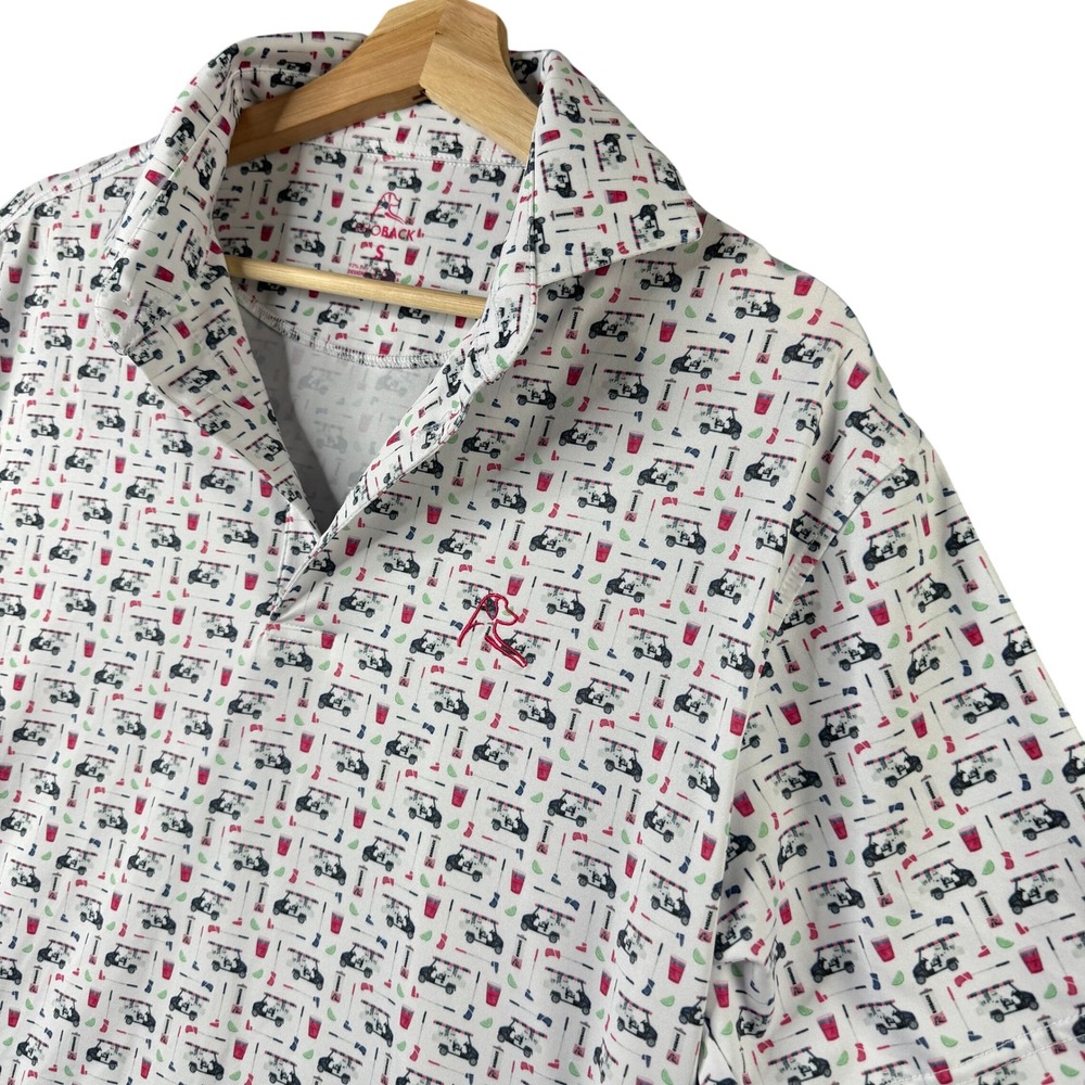Rhoback Mens Small White Golf Cart Cocktail Print Performance Polo Shirt